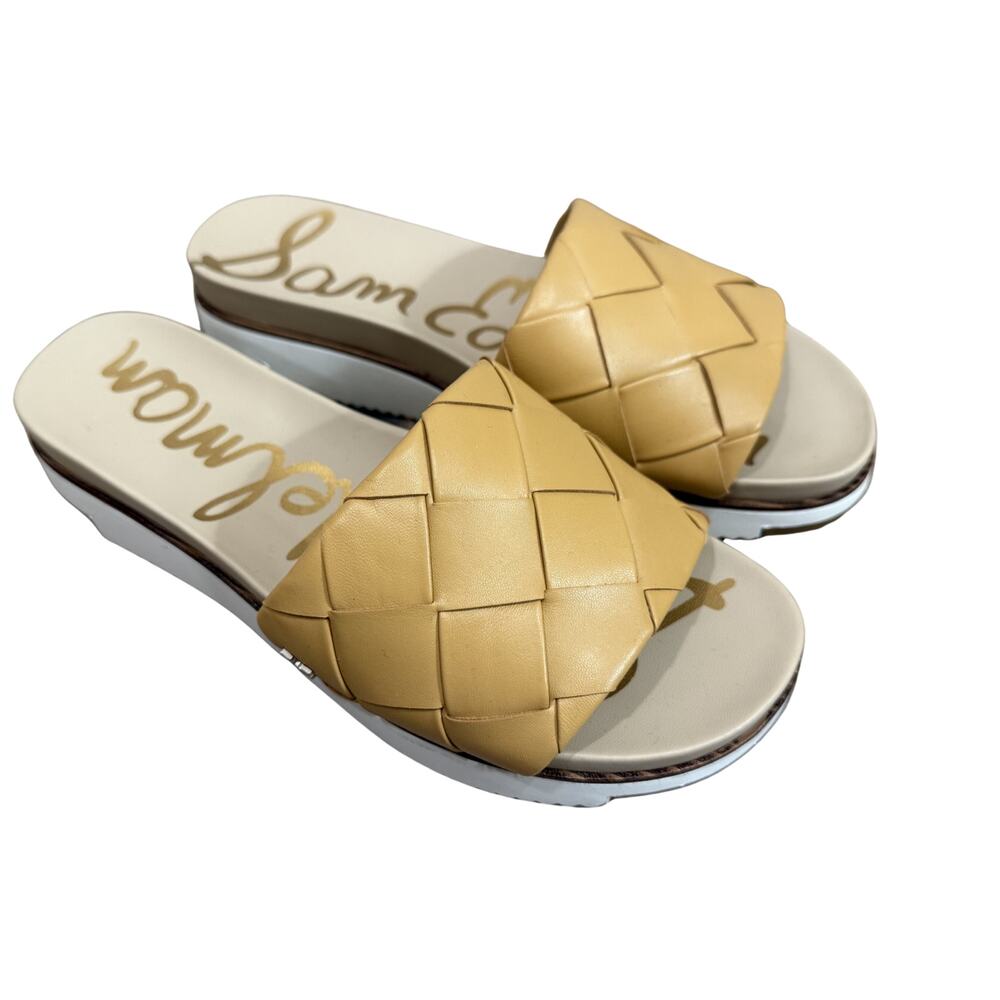 Sam Edelman’s yellow natural woven leather sandals are casual comfort walking